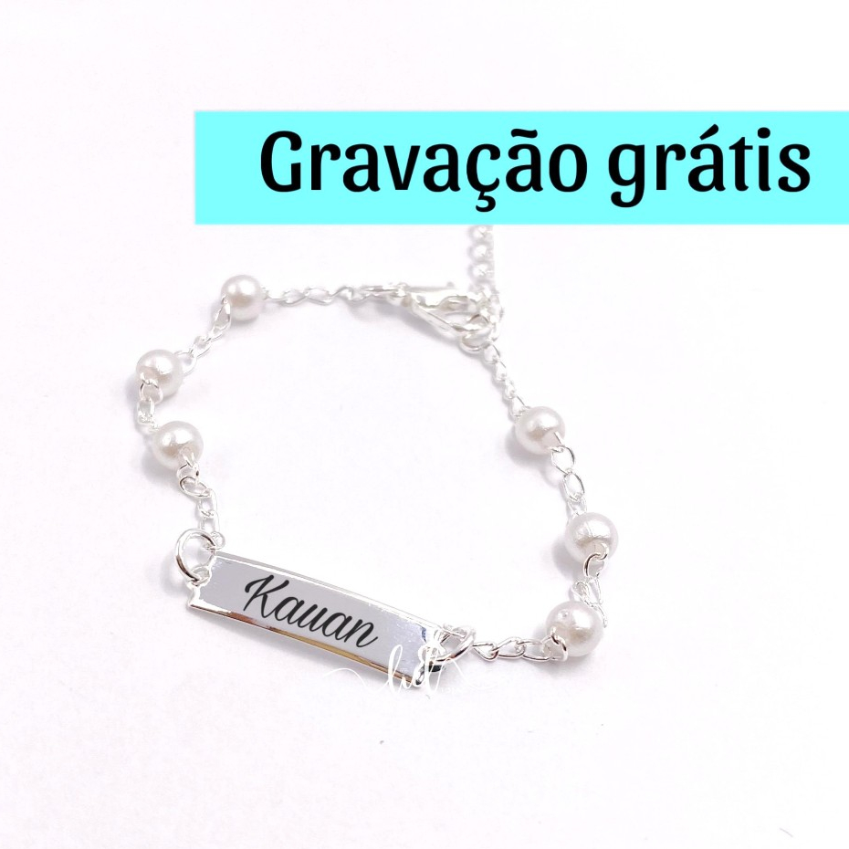 Pulseira Prata De Perola Infantil RN Bebê Personalizada Com Gravação Nome em Oferta na Shopee