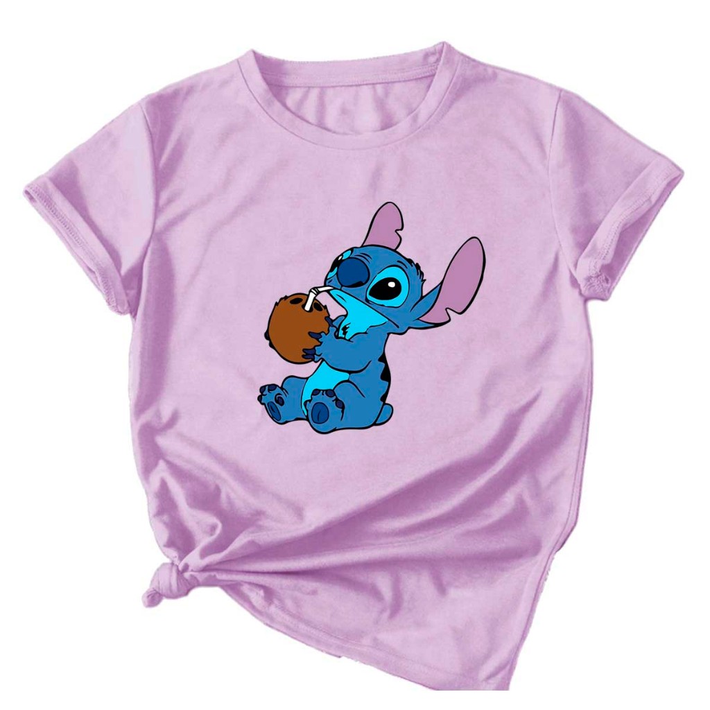 Camiseta T-Shirt Algodão Roupa Stich Lilo Bebendo Agua De Coco Fofinho