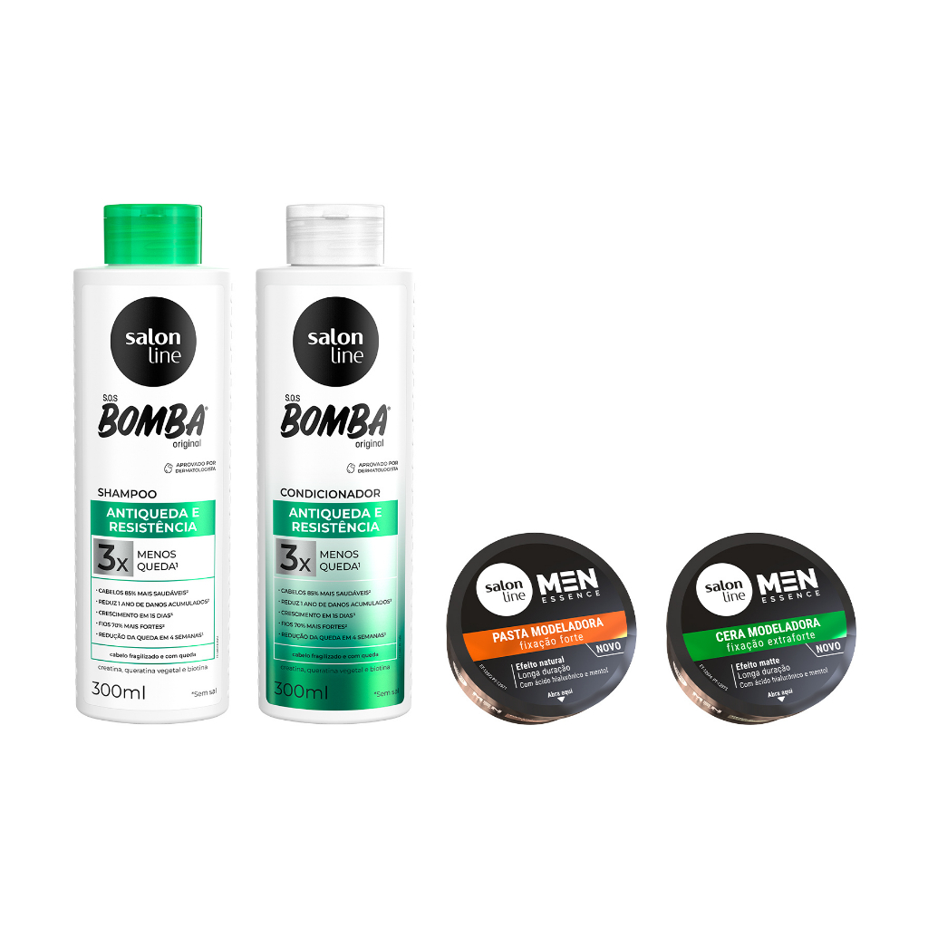 Kit Men Essence + SOS Bomba com Shampoo e Condicionador Antiqueda + Pasta e Cera Modeladora