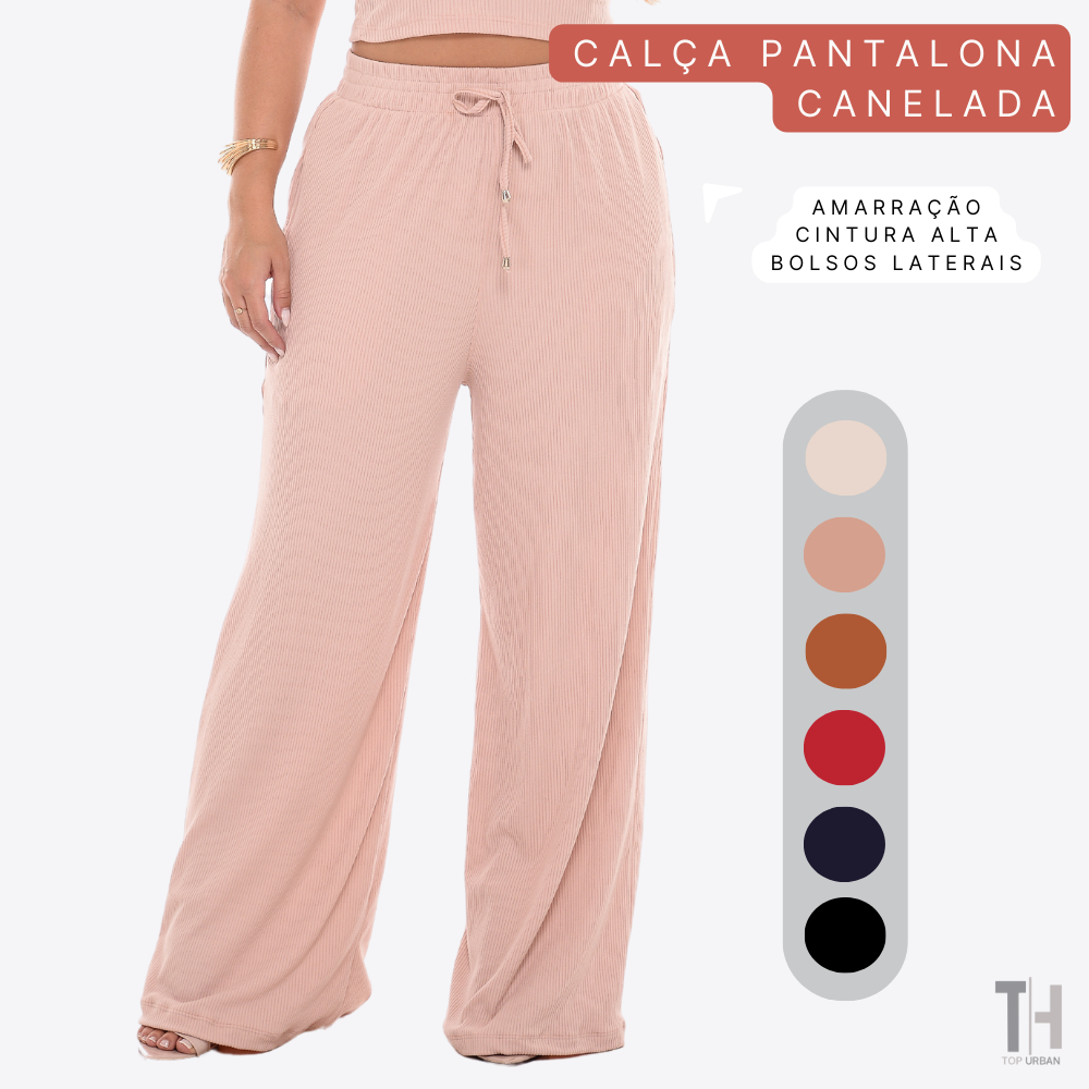Calça Pantalona Flare Feminina Canelada Com Bolso e Elástico e Cordão Cintura Alta