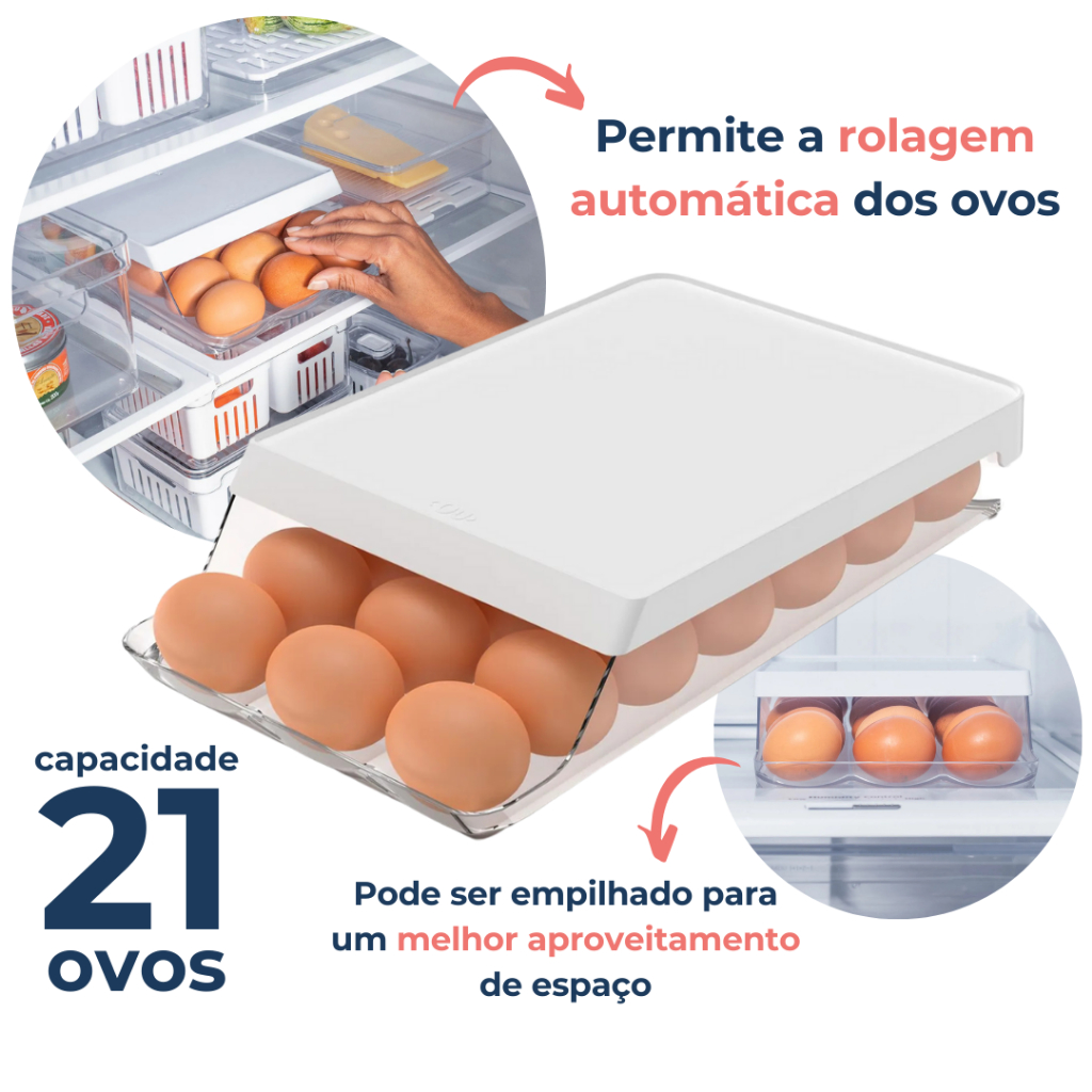 Organizador Bandeja Porta Ovos 21un Geladeira Com Tampa Rolagem Automática Ou