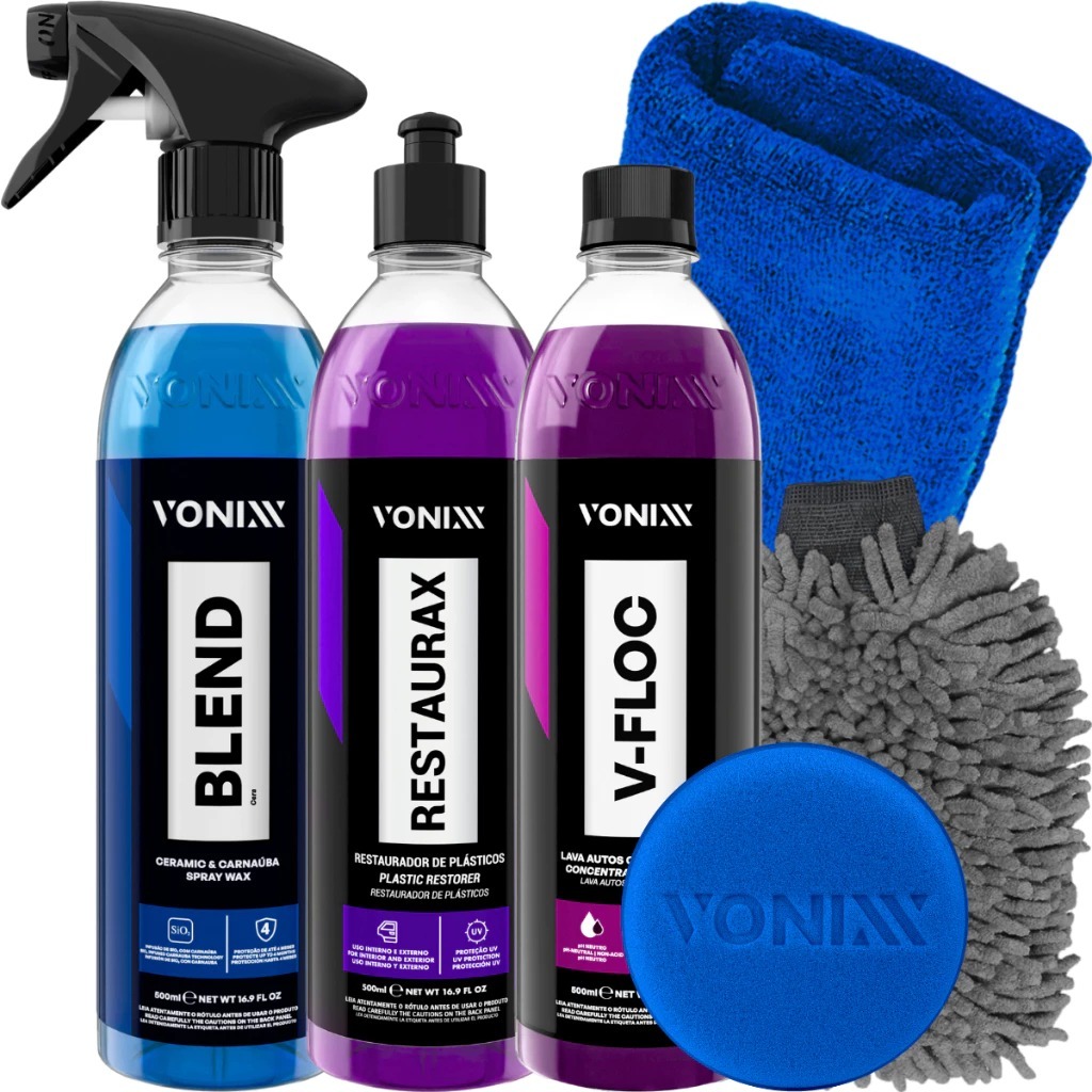 Kit Lavagem Automotiva Shampoo V-Floc Cera Blend Restaurax Vonixx