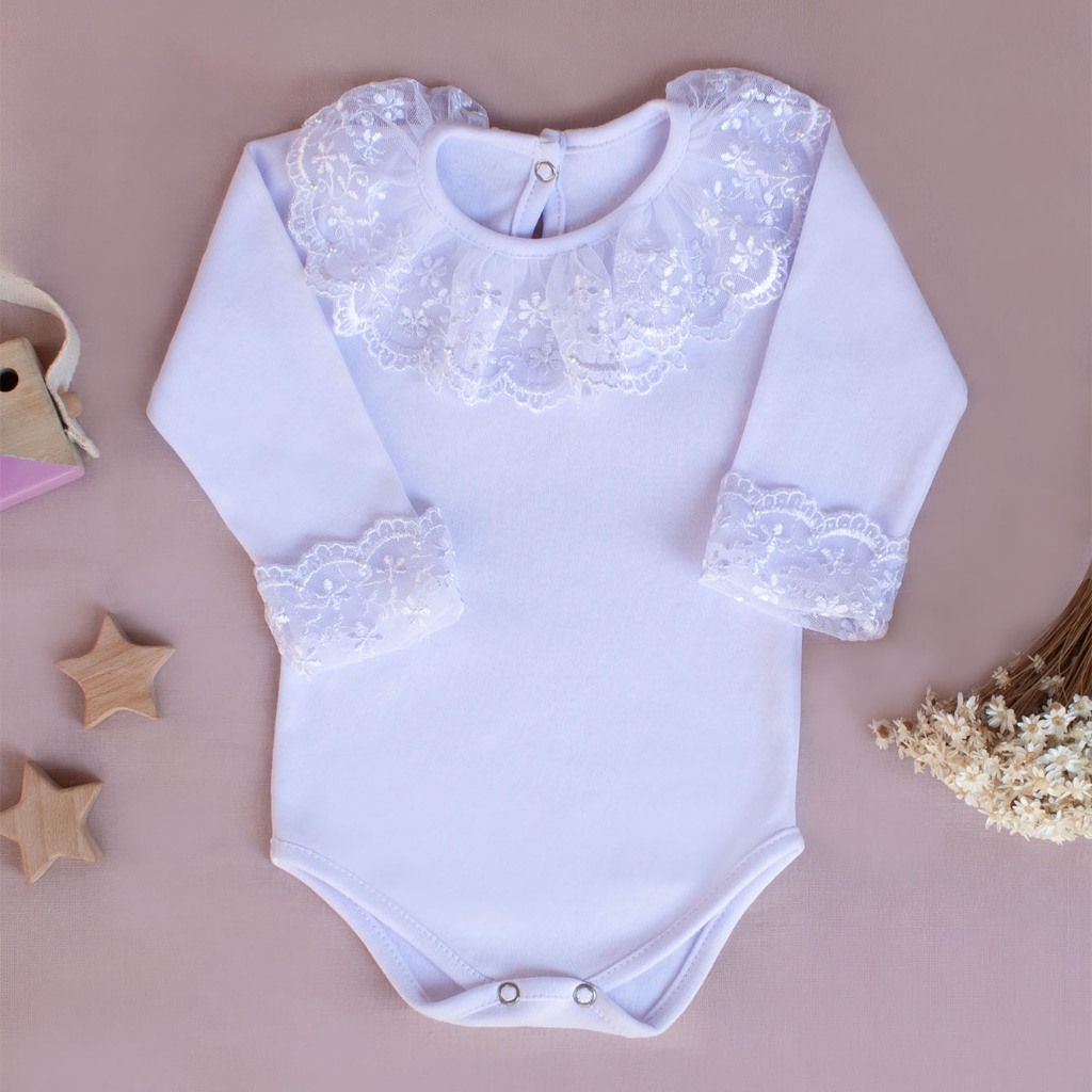 Body com Gola  punho De Renda  Branco  Bebê 100% Algodão Manga Longa Luxo Feminino P Roupa...