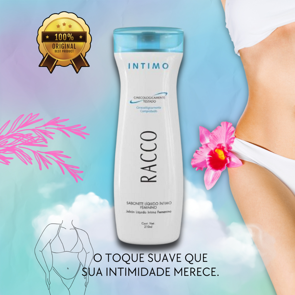 Sabonete íntimo líquido Racco, 210ml, hipoalergênico, fragrância neutra, ideal para uso diário.
