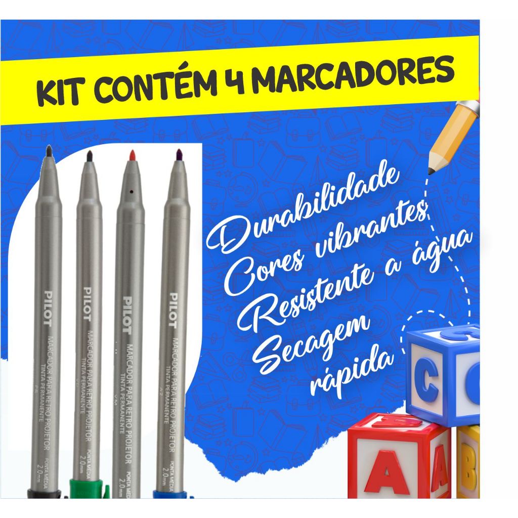 Caneta Marcador Permanente Retroprojetor  Pilot 4 Cores 2.0mm para CD DVD Plásticos Vidros