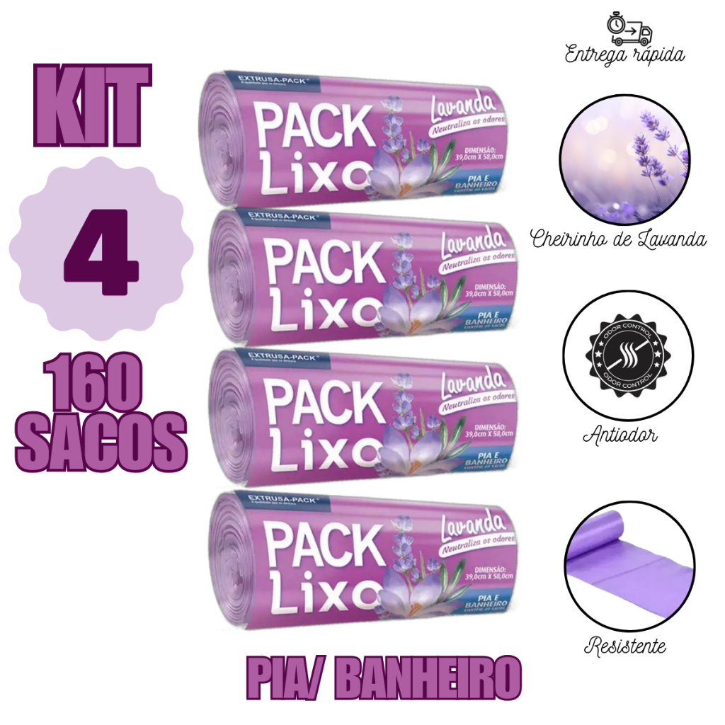 Saco De Lixo Perfumado Kit 4 160 sacos Econômico Neutraliza Odores Banheiro E Pia Lavanda Cheiroso em Oferta na Shopee