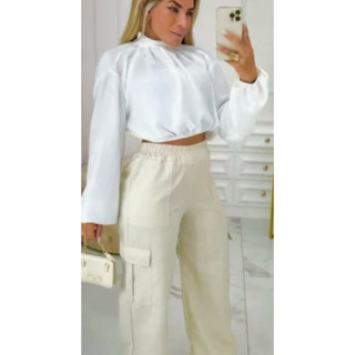 Calça Cargo Wide Leg de Linho Moda Blogueira em Oferta na Shopee