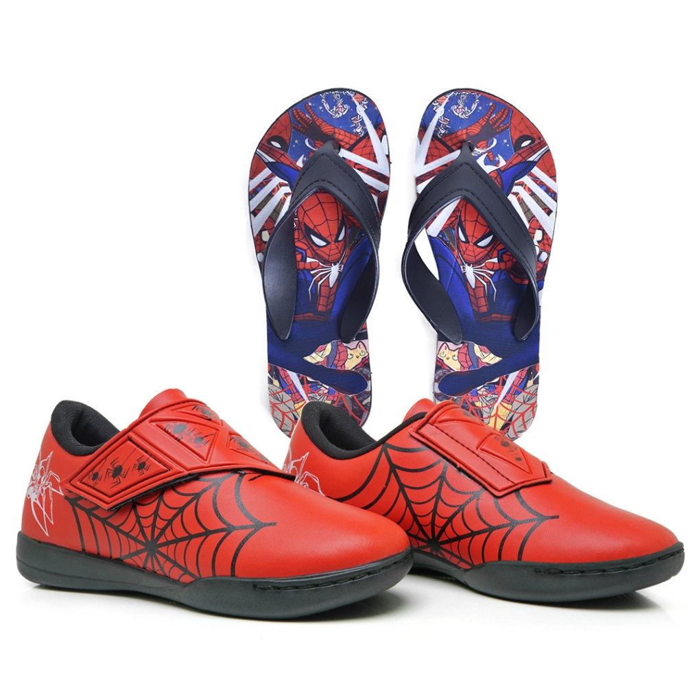 Kit Chuteira Futsal Menino Personagem Infantil Com Solado Costurado Super Macia + Chinelo Estampado