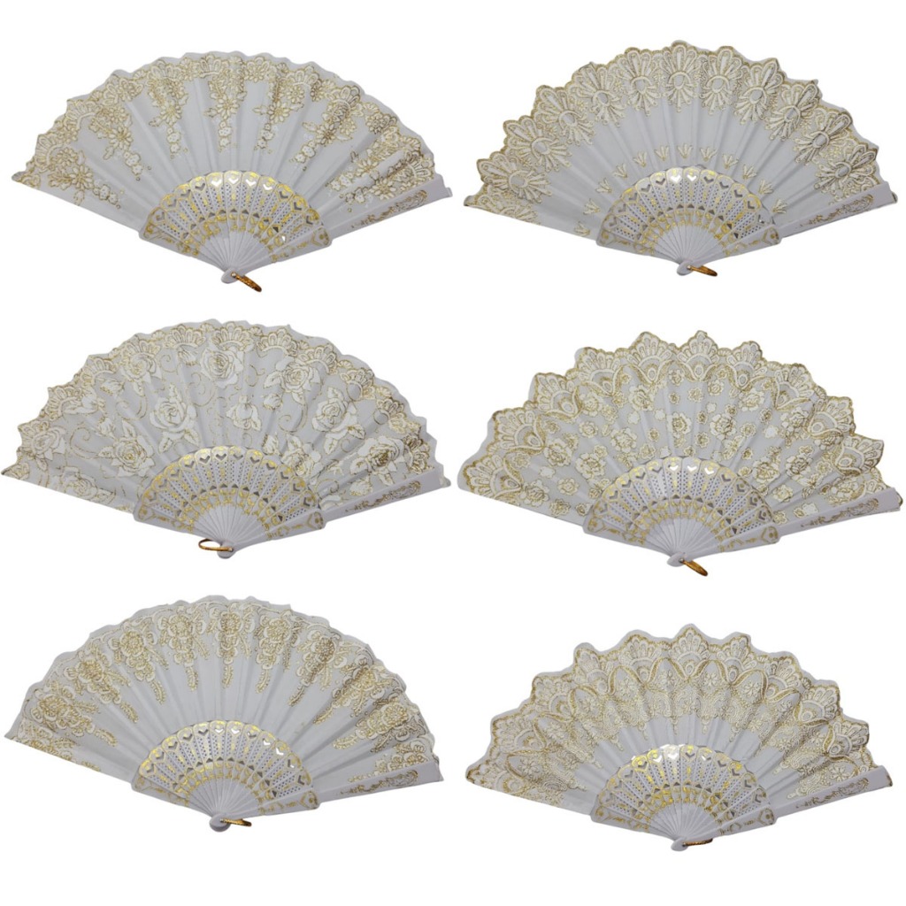 Leque Cigano Branco De Tecido E Glitter Luxo para uso do dia a dia, festas, apresentações de dança, etc.