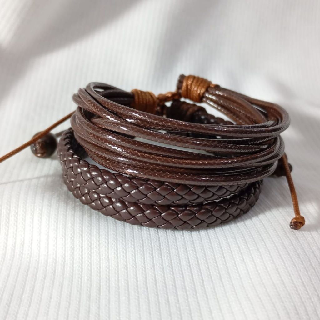 Kit 2 Pulseiras Sociais Cordas E Couro Marrom Exclusivo Novo