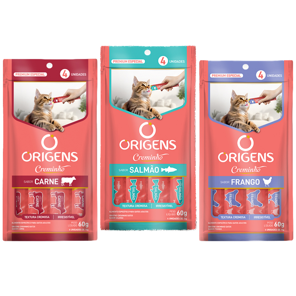 Kit 3 Cartelas Petisco para Gatos Origens Creminho tipo truly Churu 60g