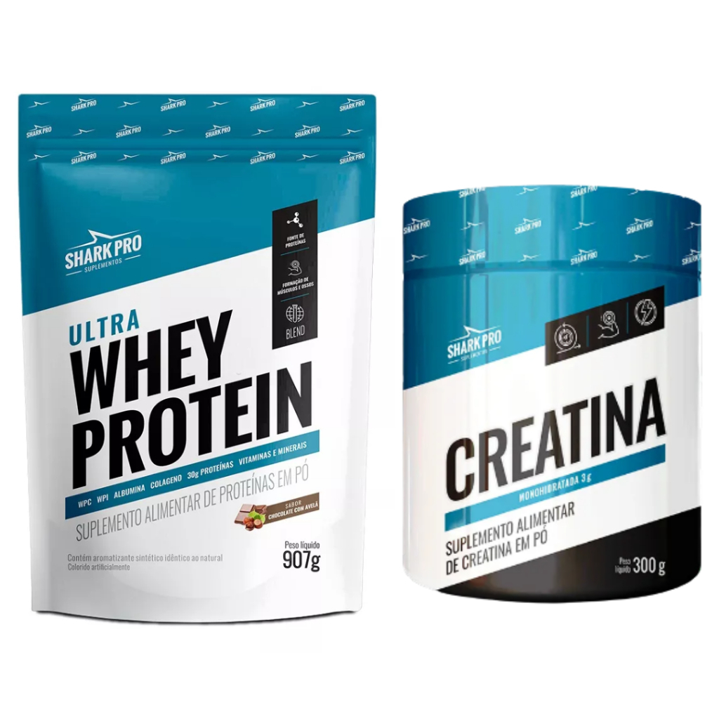 Kit 1x Whey Protein Ultra Refil 907g + 1x Creatina Monohidratada 300g Pura - Shark Pro em Oferta na Shopee