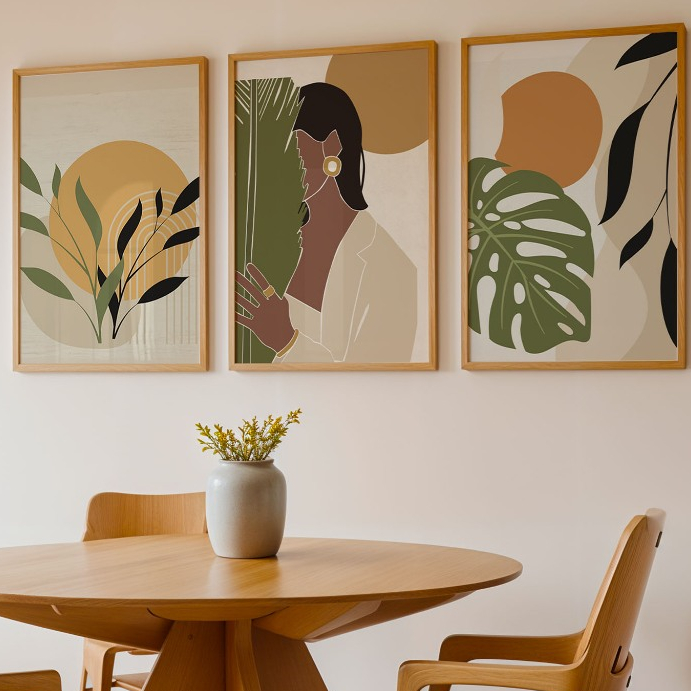 Kit com 3 Quadro Decorativo Abstrato Folhagem Para Sala ou Quarto Moderno Contemporâneo
