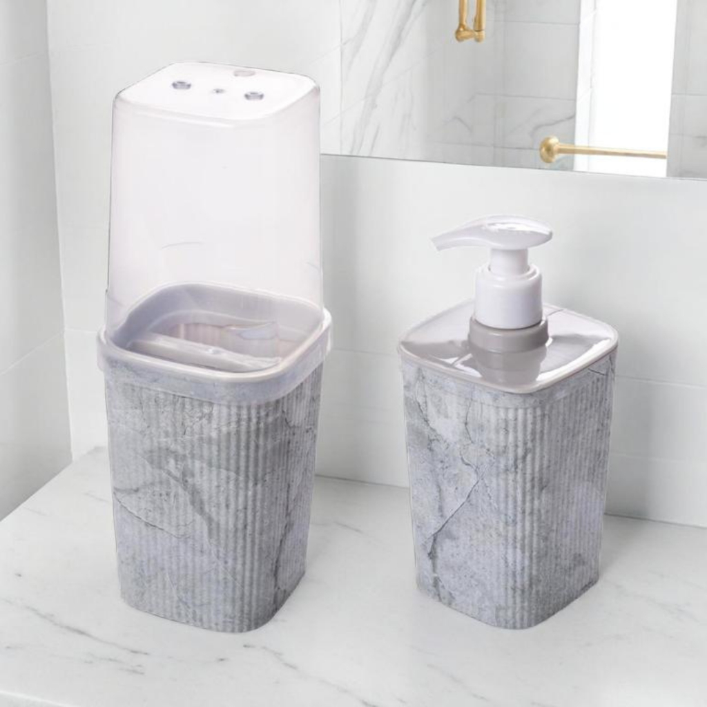 Kit Porta Escova de Dente e Pasta + Porta Sabonete Líquido Plástico Preto Madeira Pedra