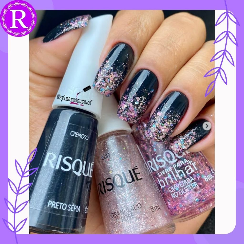 Kit 3 Esmaltes Risque um Preto Sépia, um Granulado Rosê e um Cravejada No Glitter. Hipoalergênico, misturinha Risque.