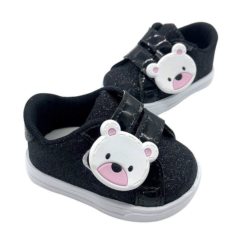 Tênis Sapatinho Infantil Para Bebê Menina Urso Com Brilho Preto