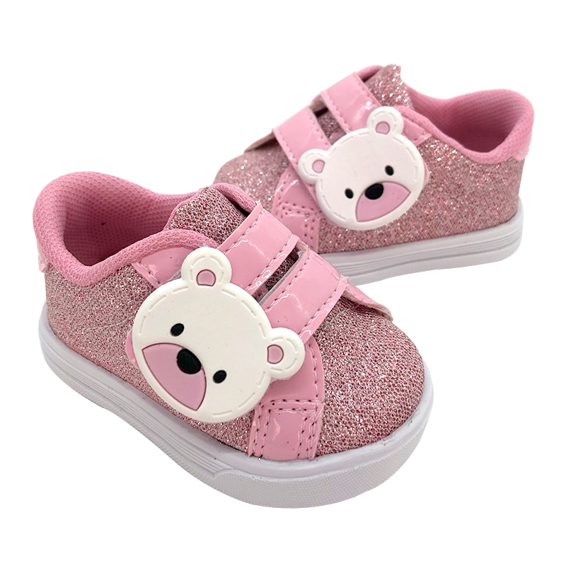 Tênis Sapatinho Para Bebês Infantil Menina Urso Com Brilho Rosa