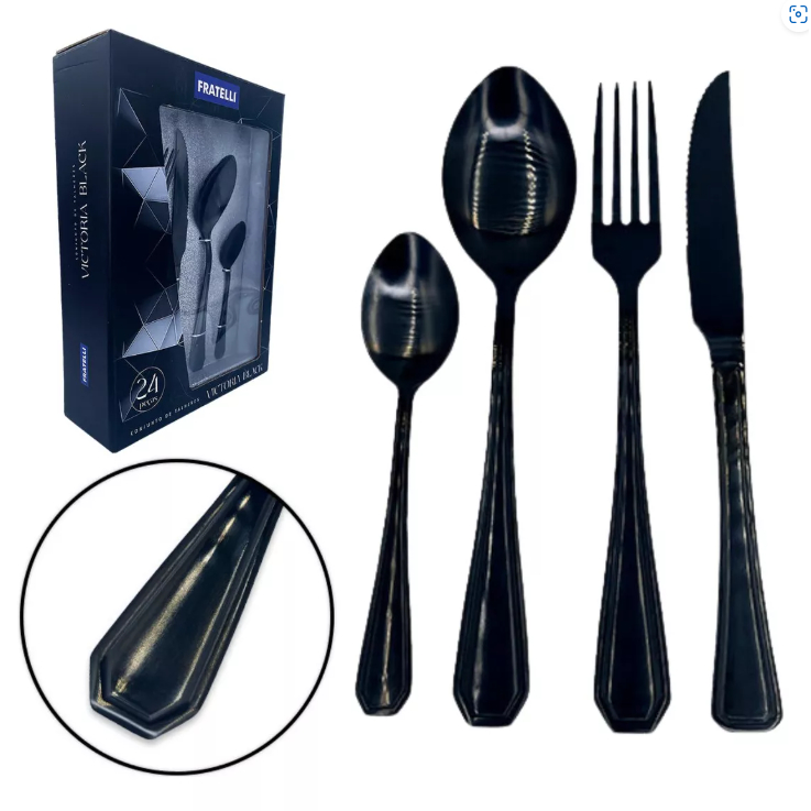 Conjunto De Talheres Black Em Inox 24 Peças Faqueiro De Luxo