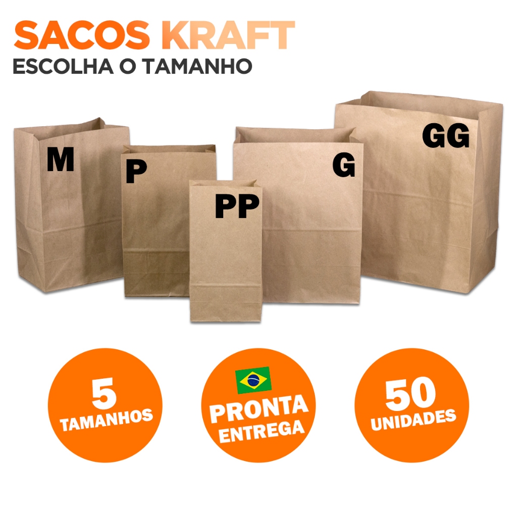 Kit Sacos Papel Kraft Embalagem Para Delivery com 50 UNIDADES Escolha o Tamanho PP/P/M/G/GG em Oferta na Shopee