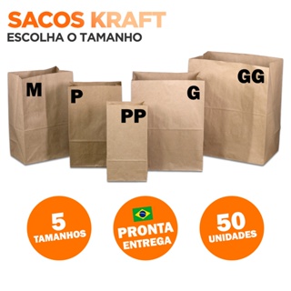 Kit Sacos Papel Kraft Embalagem Para Delivery com 50 UNIDADES Escolha o Tamanho PP/P/M/G/GG em Oferta na Shopee