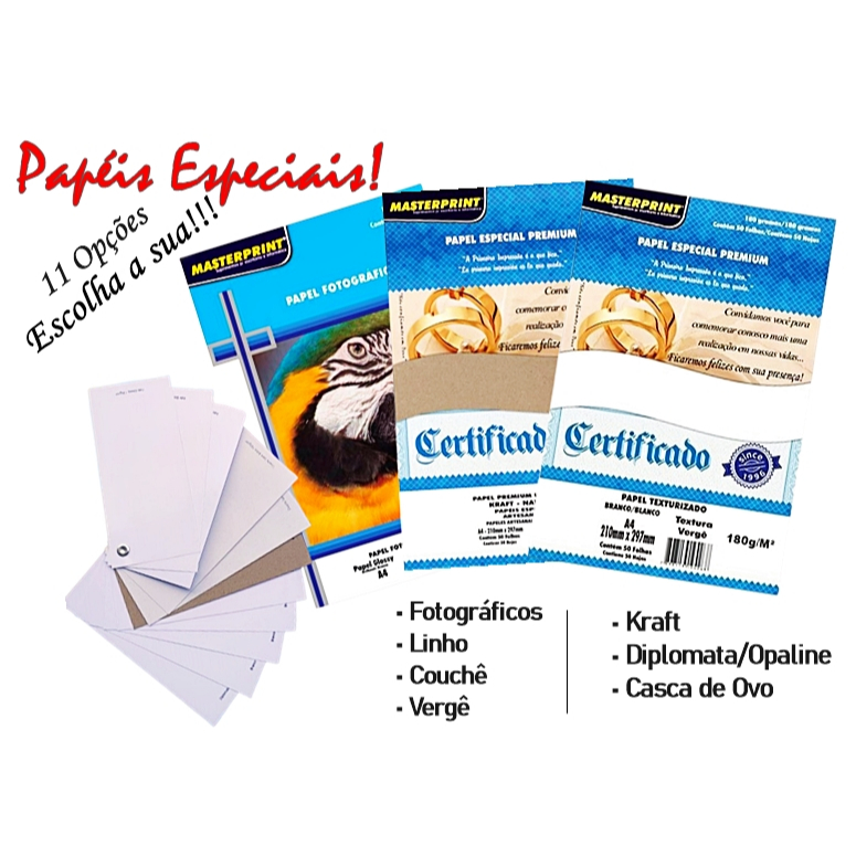Papel Especial 20, 50, 100 ou 200 Folhas Fotográfico Vergê Diplomata Opaline Couchê Casca de Ovo Kraft Linho Masterprint