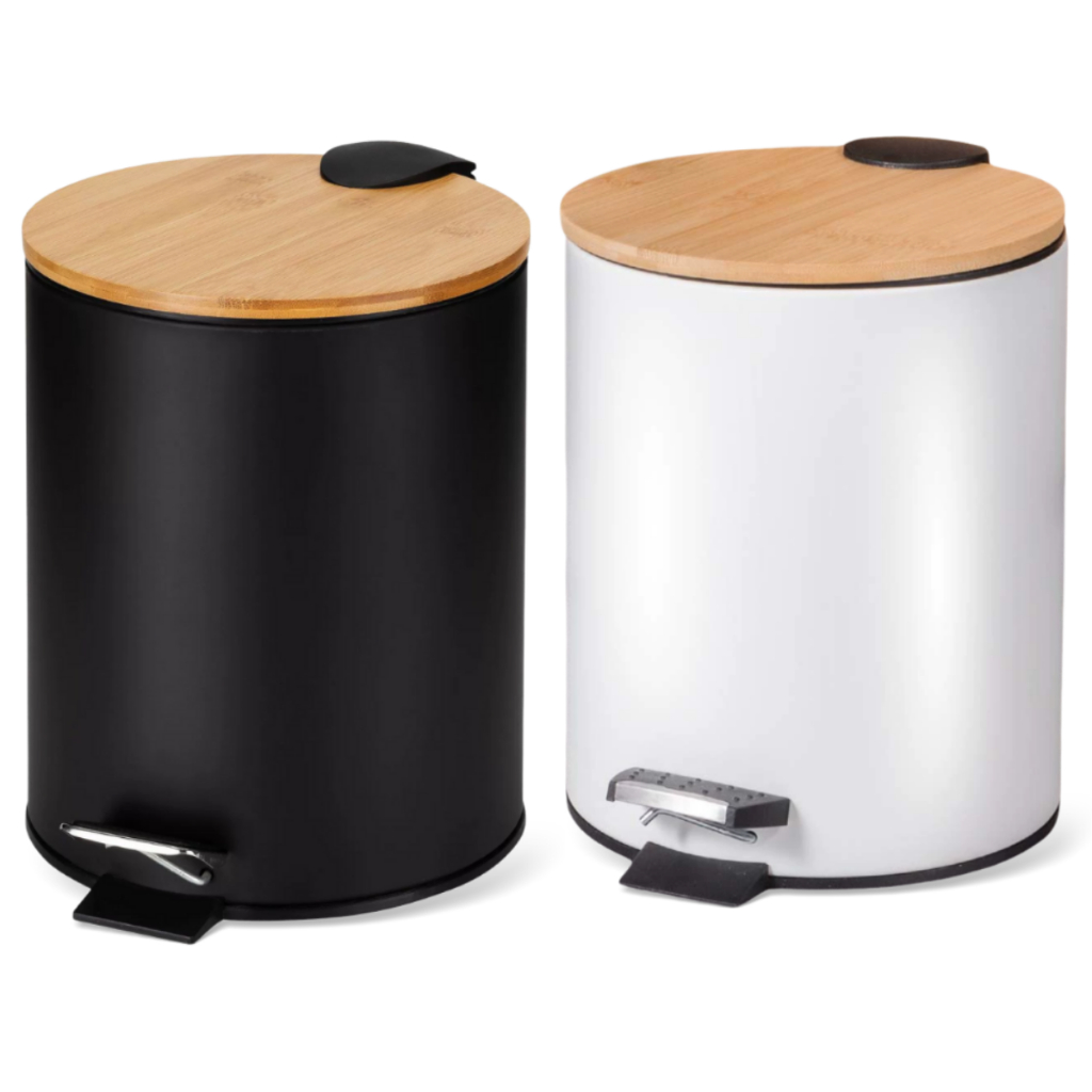 Lixeira Redonda 3 e 5 Litros Inox com Tampa Bambu Cesto Removível Pedal Banheiro Escritóri...