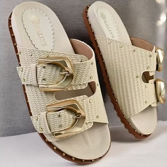 Papete feminina Rafia Rasteira Sandália Fivelas Aplicações Dourada Confortável Macia KALLYS 0222 em Oferta na Shopee