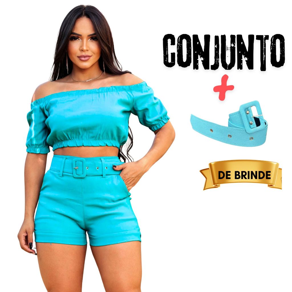 Conjunto Shorts Cintura alta+ Cropped com elastico Cinto Encapado Bengaline Verao