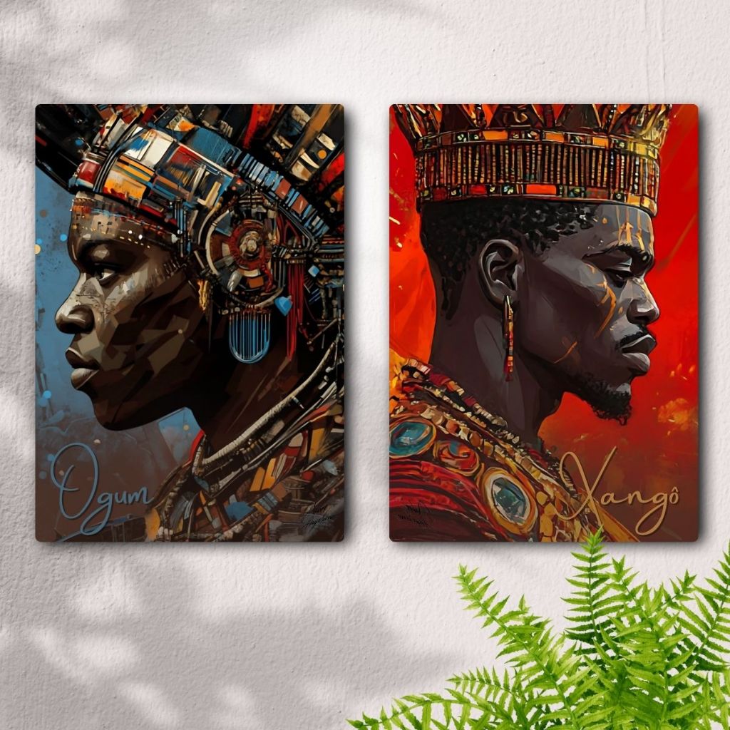 Kit 2 Quadros Decorativos Orixá Ogum e Xangô - Candomblé - Umbanda - Coleção Força e Raiz - Orixá