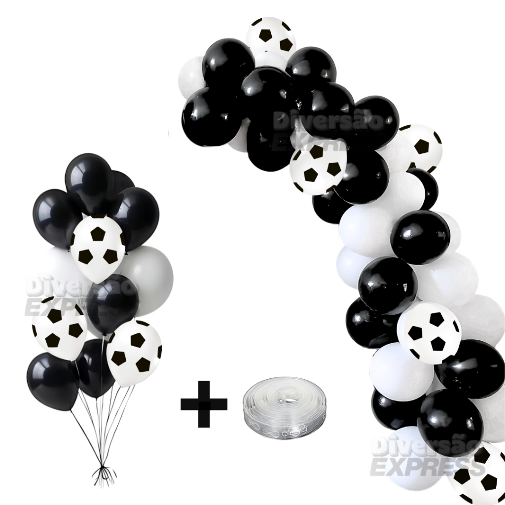 Kit 125 Balões Preto e Branco Futebol + Fita para Arco