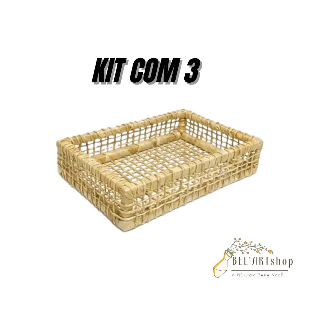 Kit 3 Cesta Bandeja Baixa De Palha De Milho Para Presente Páscoa Café Da Manhã Armazenamento 35x28