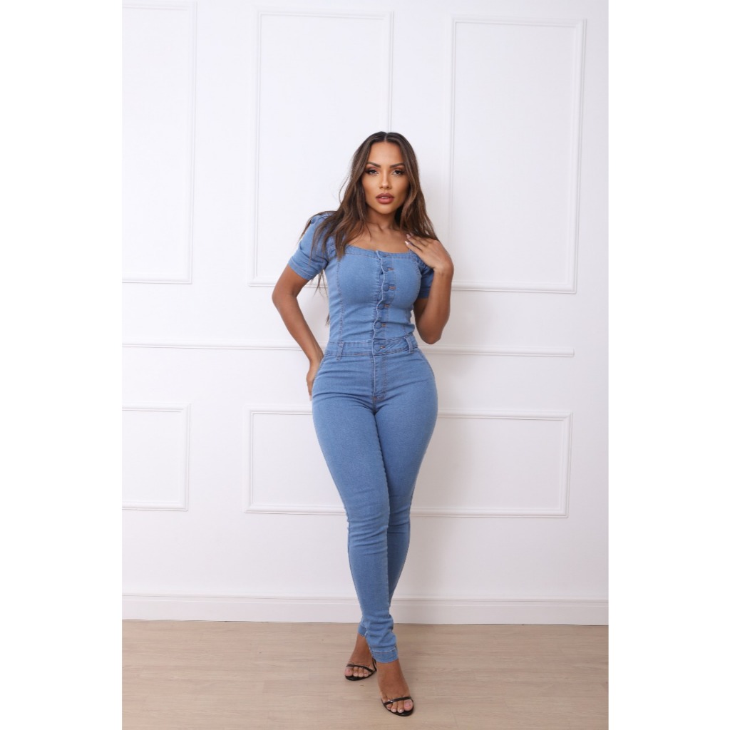 Macacão Calça Jeans Feminino com Manga Jardineira Calça com Lycra e Manga