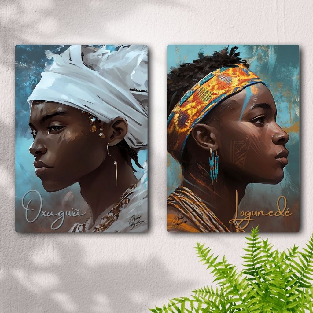 Kit 2 Quadros Decorativos Orixá Oxaguiã e Logunedé - Candomblé/ Umbanda - Coleção Força e Raiz Orixá