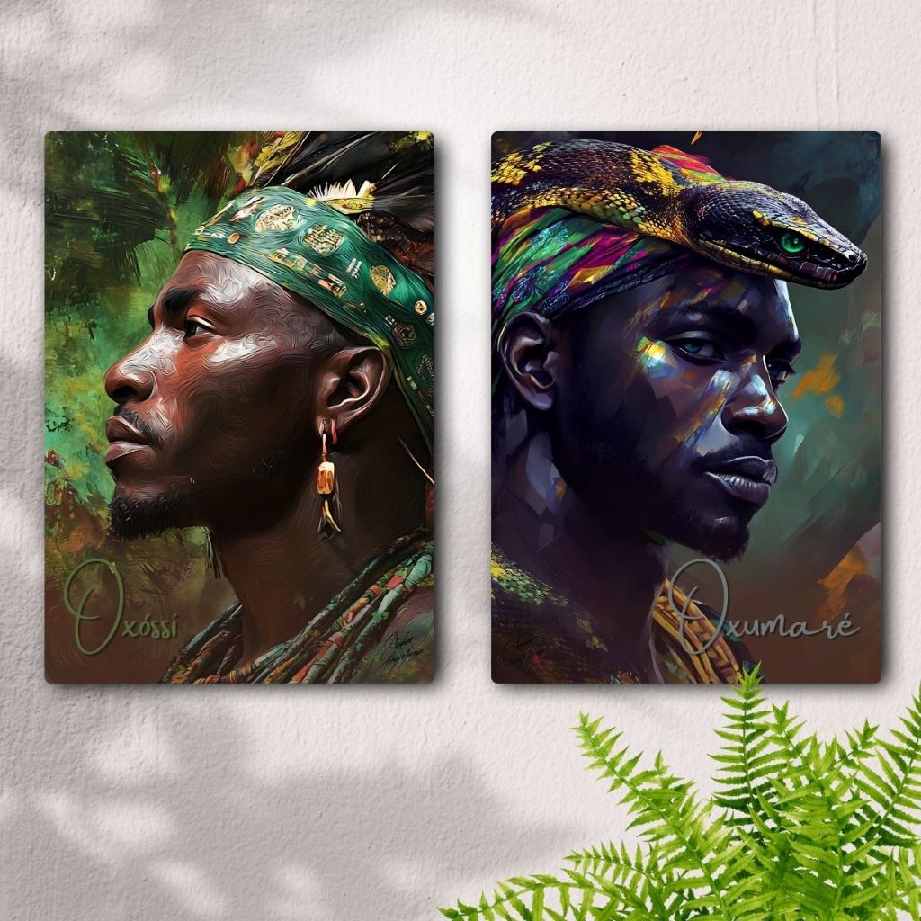 Kit 2 Quadros Decorativos Orixá Oxóssi e  Oxumaré - Candomblé/ Umbanda - Coleção Força e Raiz Orixá