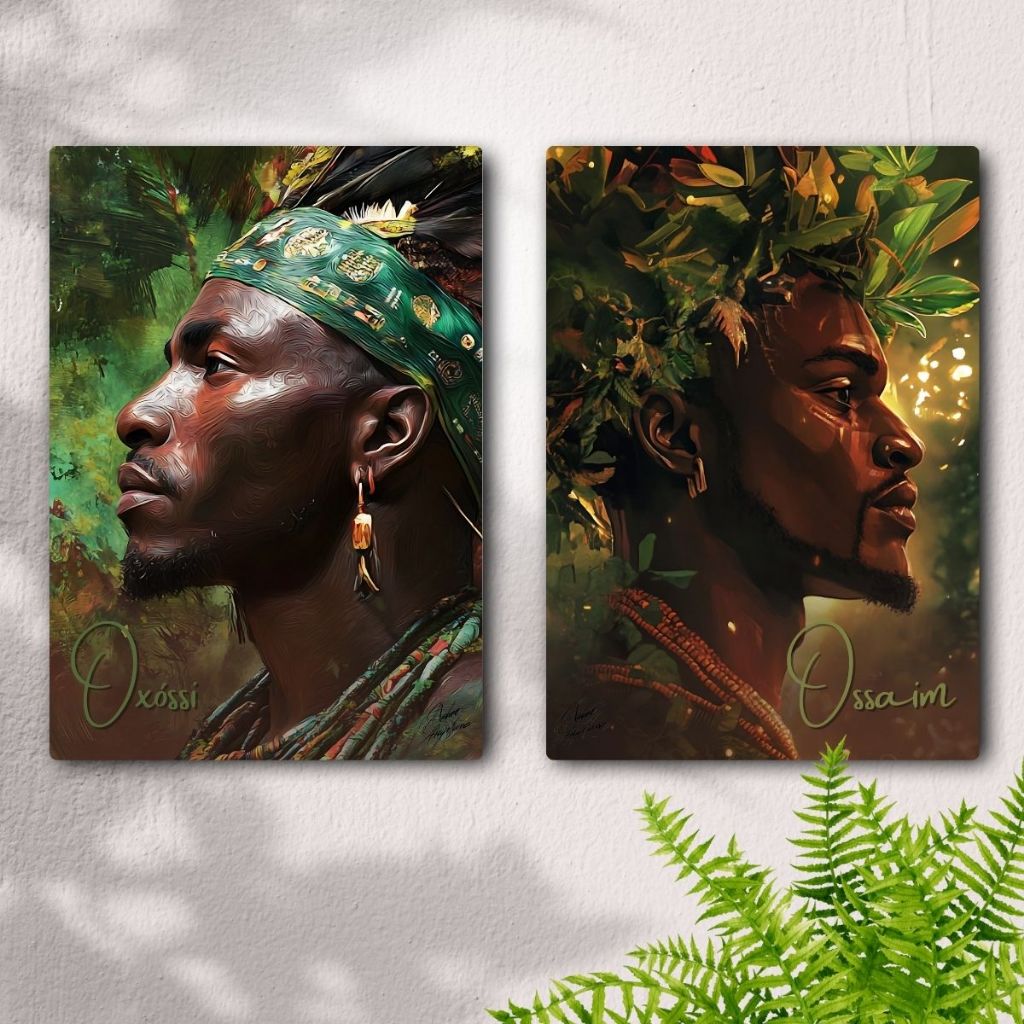 Kit 2 Quadros Decorativos Orixá Oxóssi e Ossaim - Candomblé - Umbanda - Coleção Força e Raiz Orixá