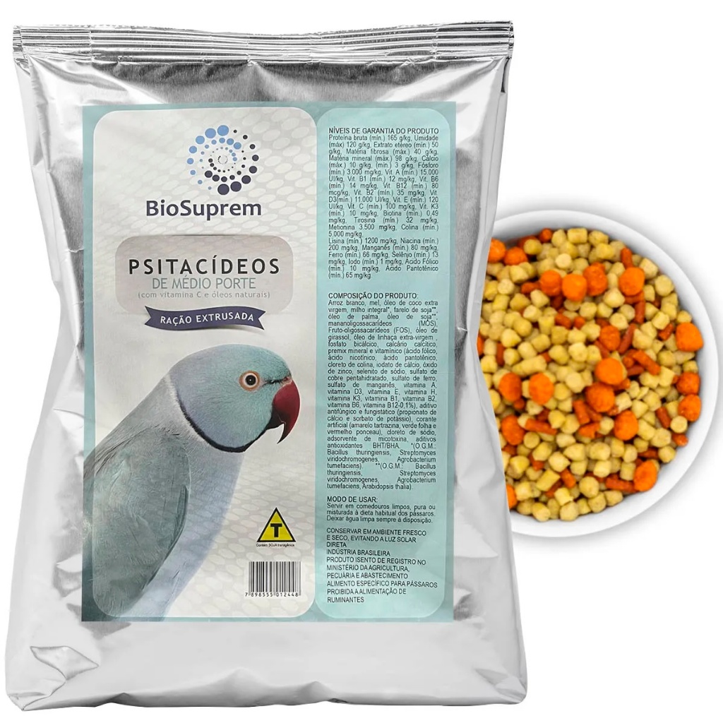 Ração Extrusada Psitacídeos Medio Porte Biosuprem 900gr - Ring Neck Rosela