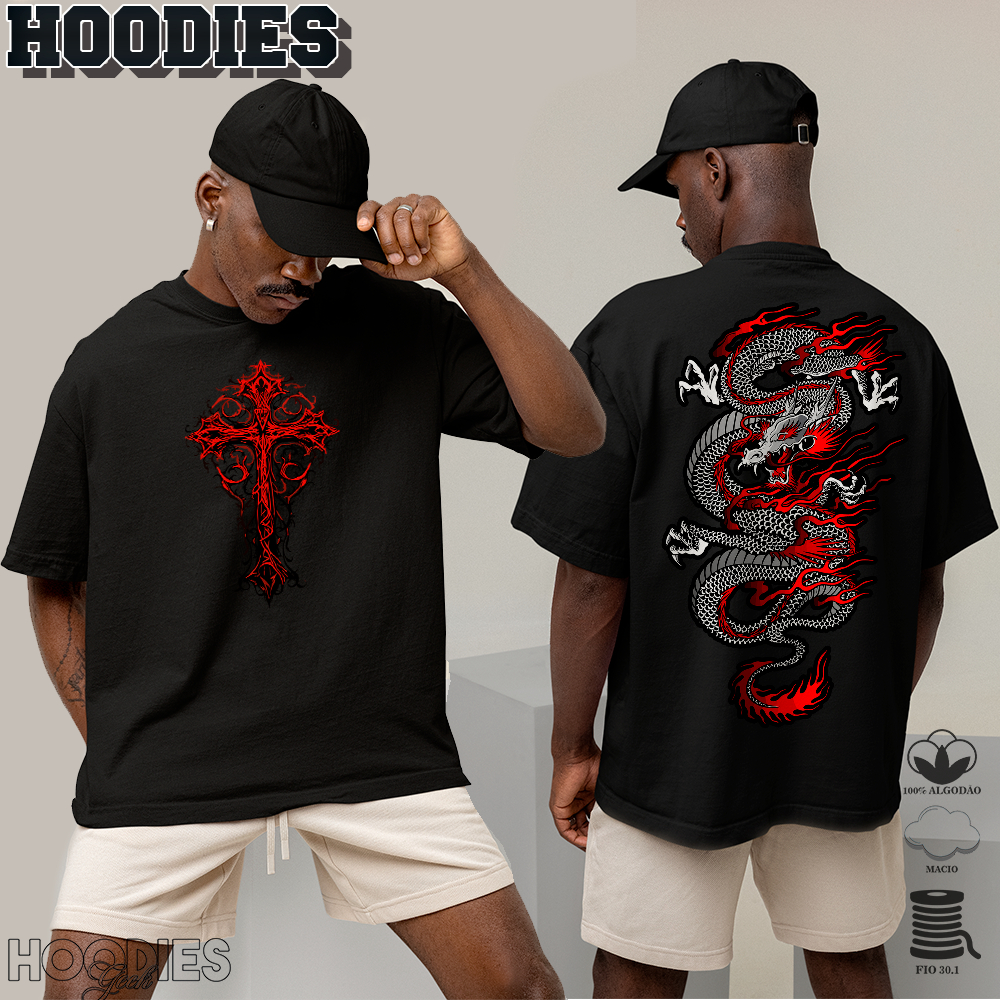 Camiseta Básica Chamativa Algodão Ou OVERSIZED Dragão Cruz Vermelha Streetwear Gotico Punk Tee Unissex