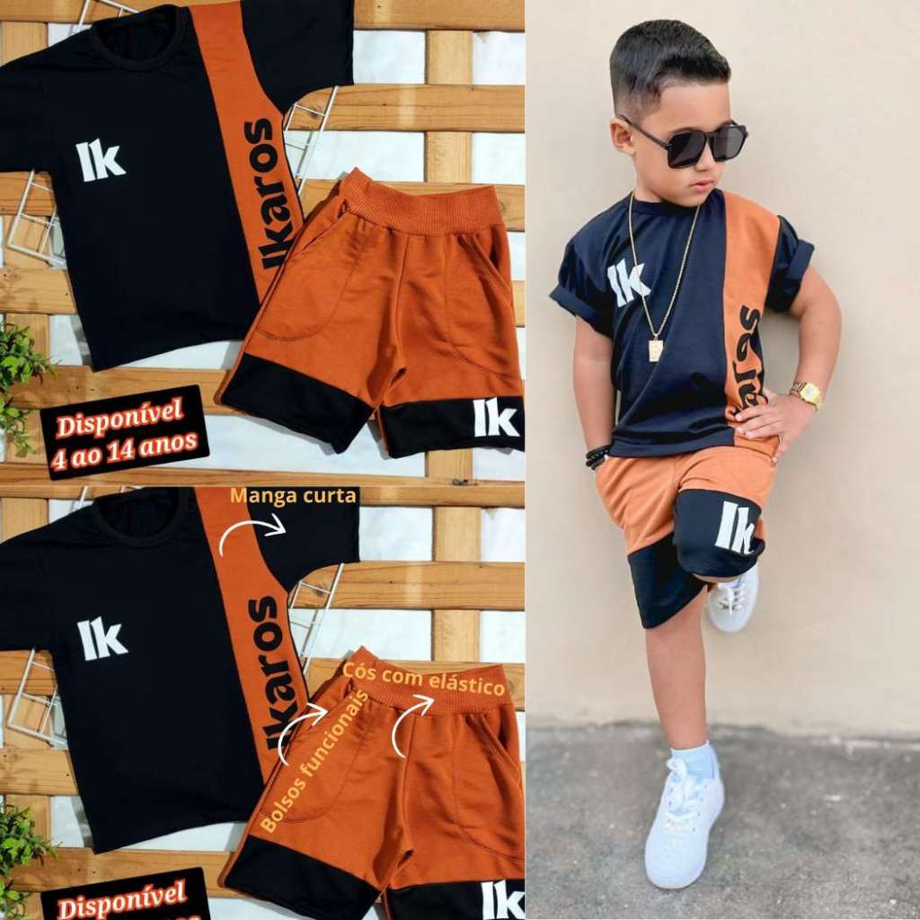 Conjunto Estiloso Masculino Kit com 2 Conjuntos roupa de menino de verão Bermuda e Camiseta