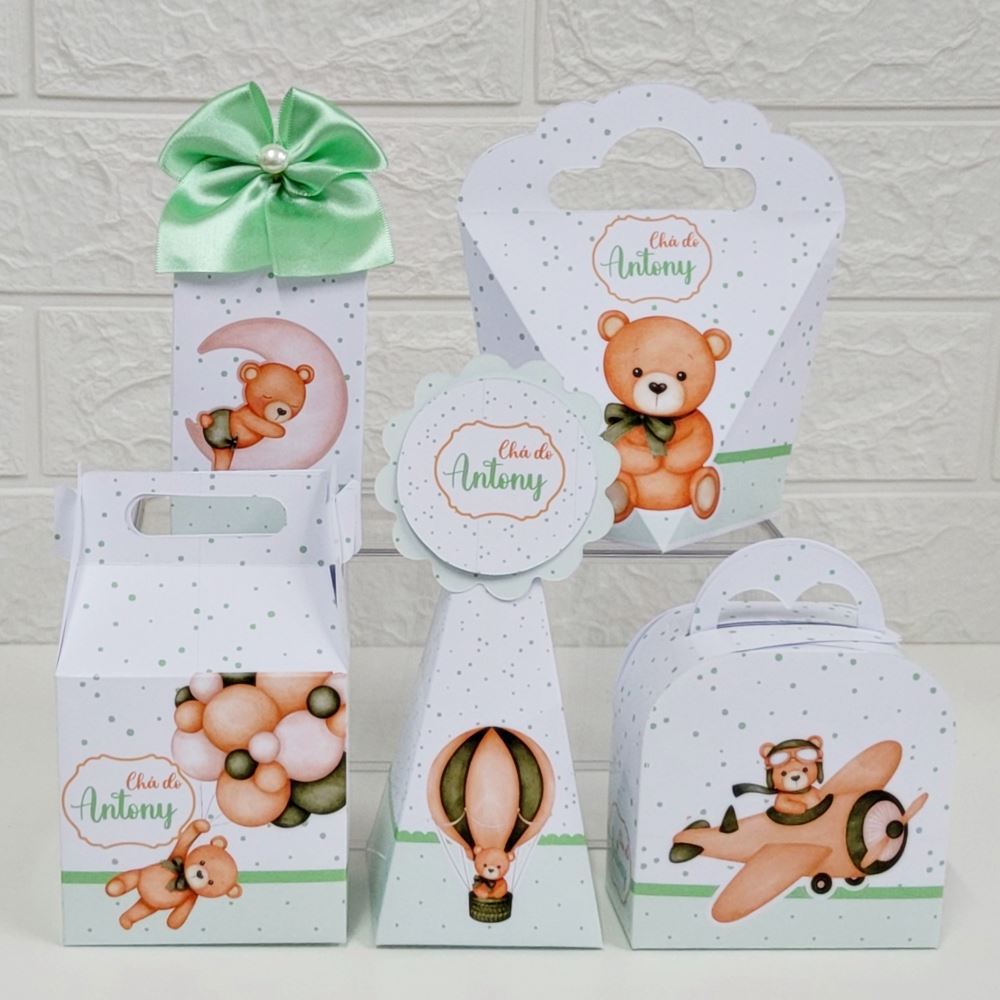 Kit  Chá  Bebe Ursinho Verde | Caixinhas Personalizadas Lembrancinhas Para Festa Infantil