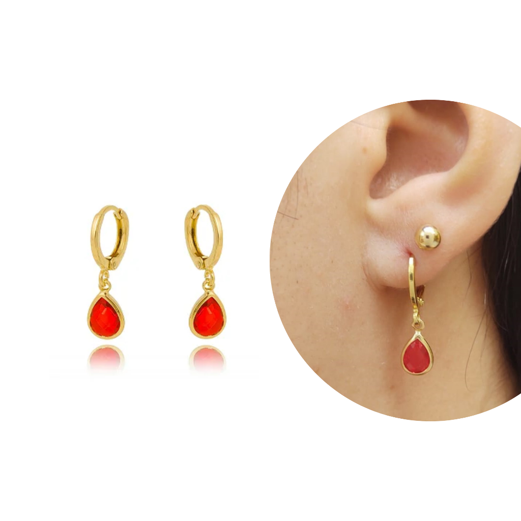 Brinco De Argolinha Com Pingente gota zirconia vermelho rubi FOLHEADO OURO ANTIALERGICO em Oferta na Shopee