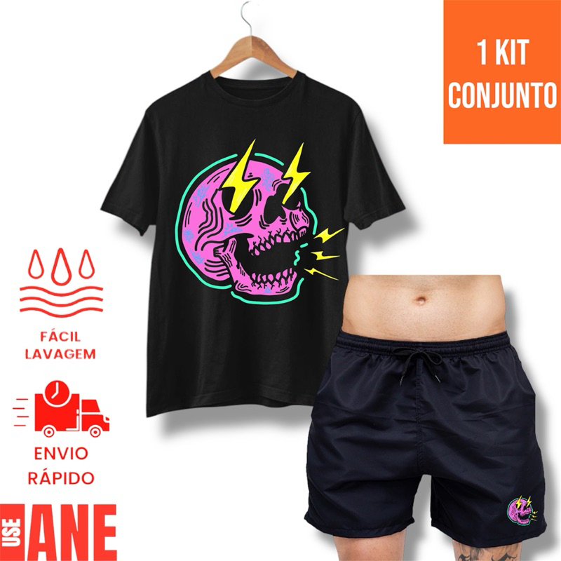 Kit Conjunto Masculino Short Bermuda Tectel Mauricinho Verão Moda Praia Camiseta Algodão Camisa Estampada Premium Moda