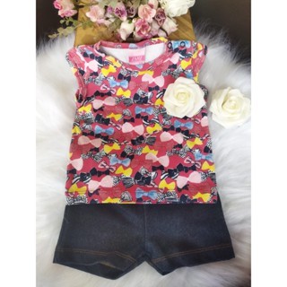 Conjunto Bebê Feminino ( Blusa Regata Desenho Laço + Shorts Jeans) Tam: M, Marca: Dmbauer