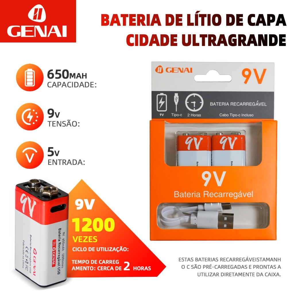 Kit 2 Baterias Recarregável 9v 650mah Genai Tipo C 5v em Oferta na Shopee