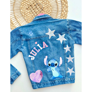 jaqueta jeans personalizada  lilo e stitch  customizada com nome em Oferta na Shopee