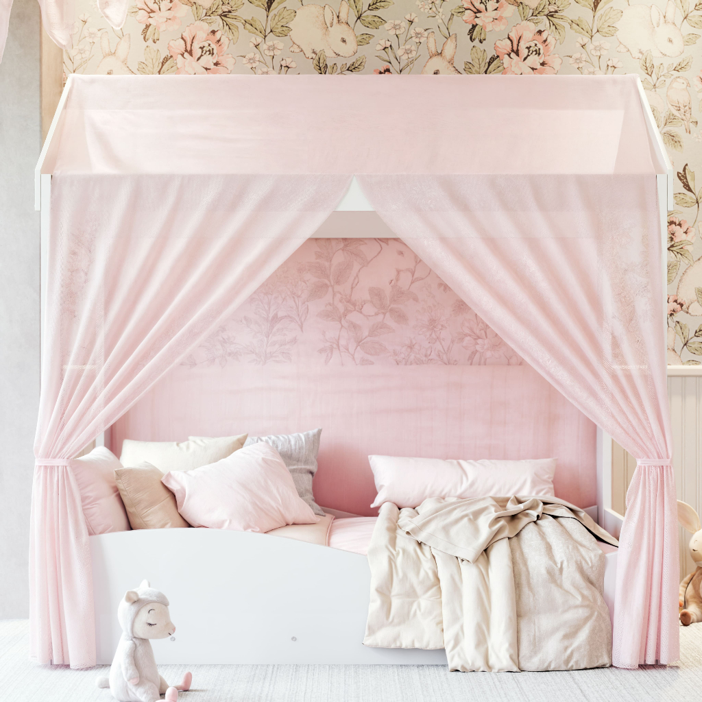Detalhes do Cama Montessoriana Infantil Colina MDF com Colchão e Voal Rosa para Quarto de Menina