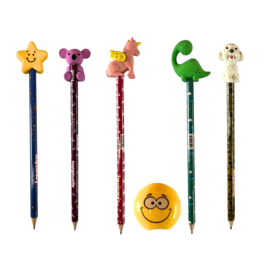 Kit com 5 Lapis de Bichinho Divertidos + Apontador Infantil Criança Kaz