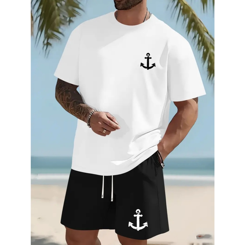 Conjunto Masculino Basico Short + Camisa Estampa Ancora Bermuda + Camiseta Casual