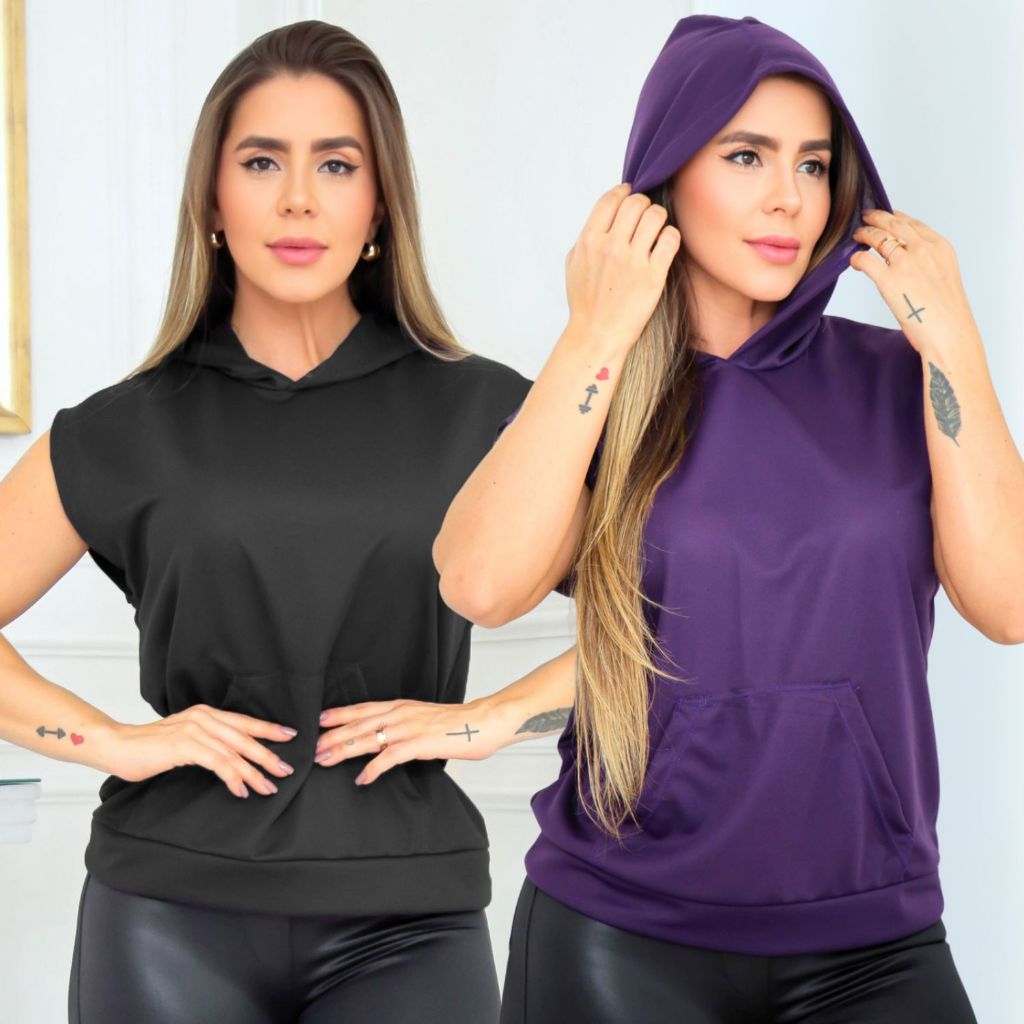 Colete Fechado Feminino Moda Academia com Capuz e Bolso Canguru em Dry Fit Seca Rápido - Promoção