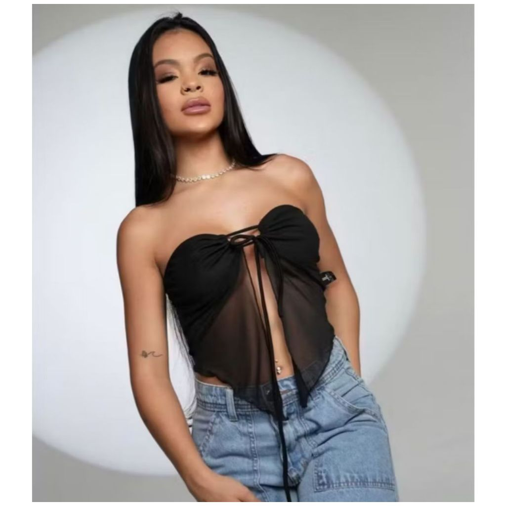 Cropped Top Tomara que Caia Tule com Bojo Amarração Frontal Moda Blogueira Cropped Livia LR Verão Tendencia Festas Banco em Oferta na Shopee