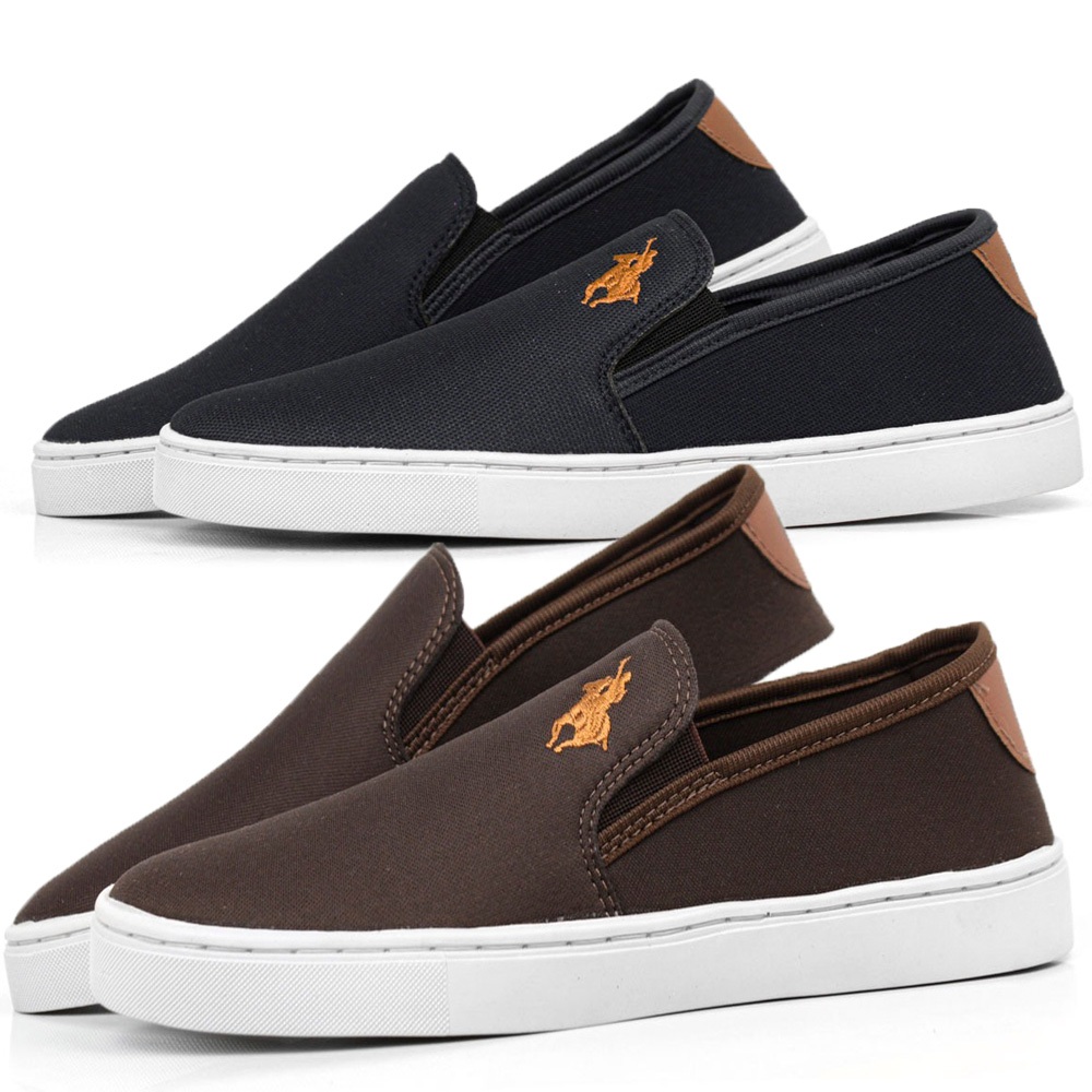 Kit 2 Pares Iate Confortável Sapatenis sem Cadarço Slip on Preto e Café